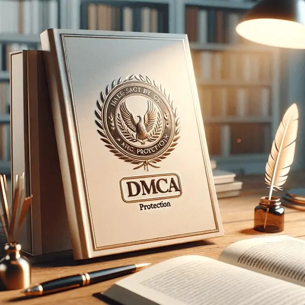 Elegant book cover with DMCA Protection Badge in cozy author workspace.
