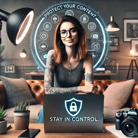 Stylish female content creator working on her laptop in a cozy home office.