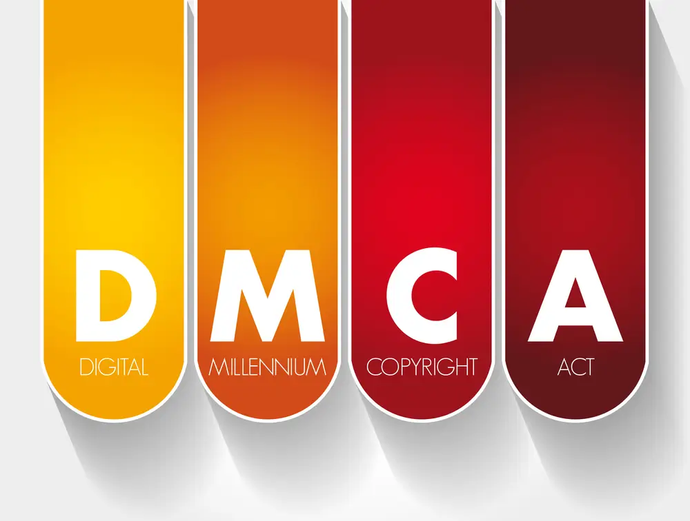 Digital Millennium copyright act acronym in yellows and reds on white background