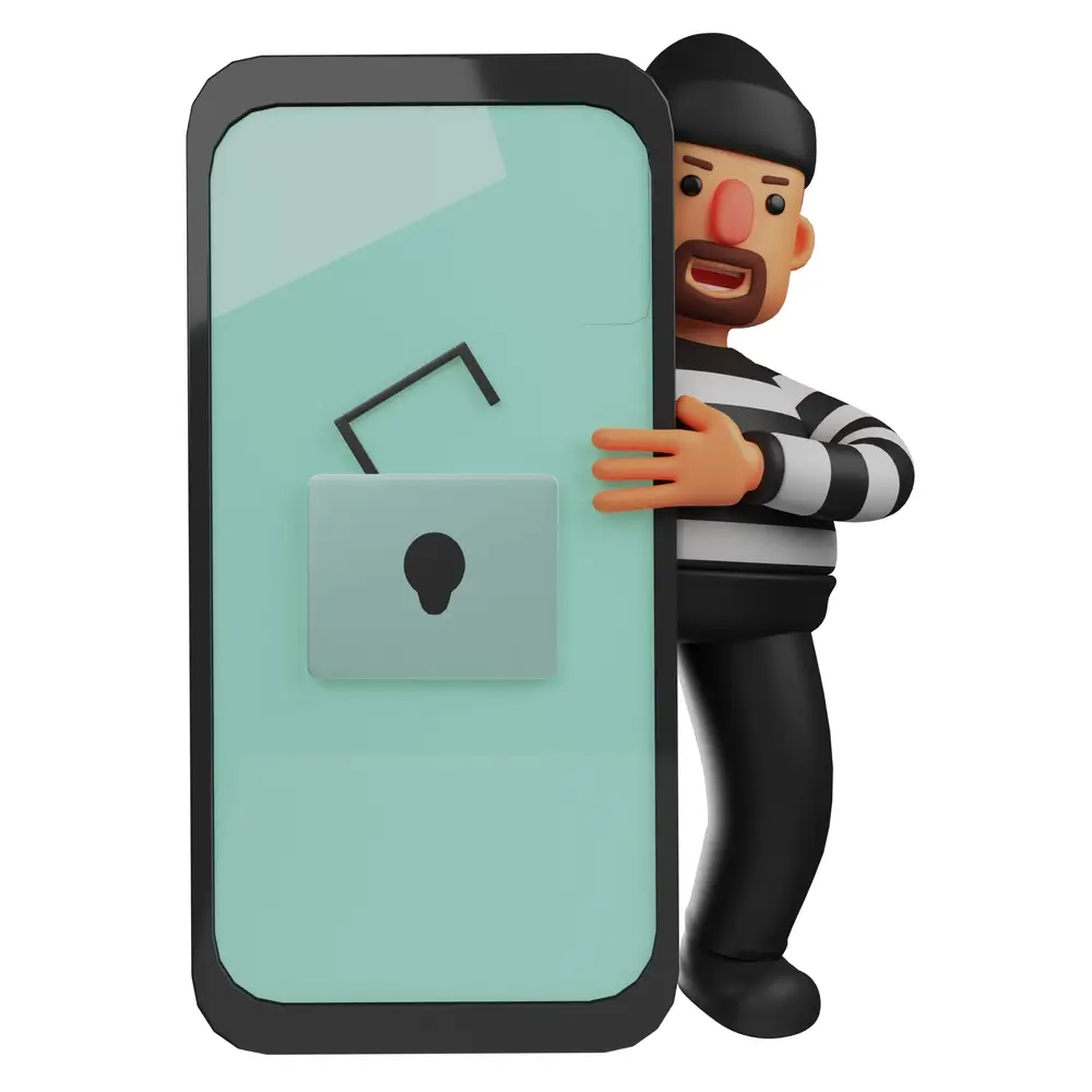 animated thief holding hacked smartphone