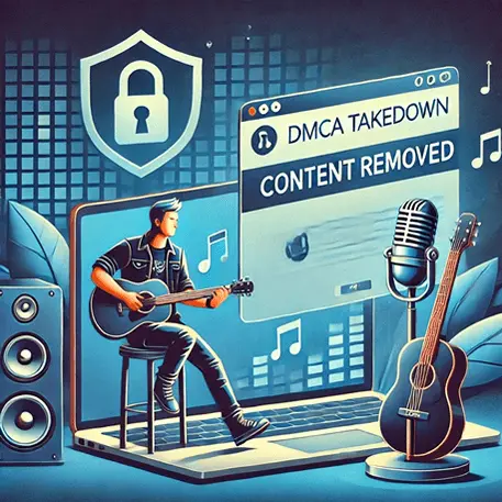 Laptop showing 'Content Removed' notification for stolen music.